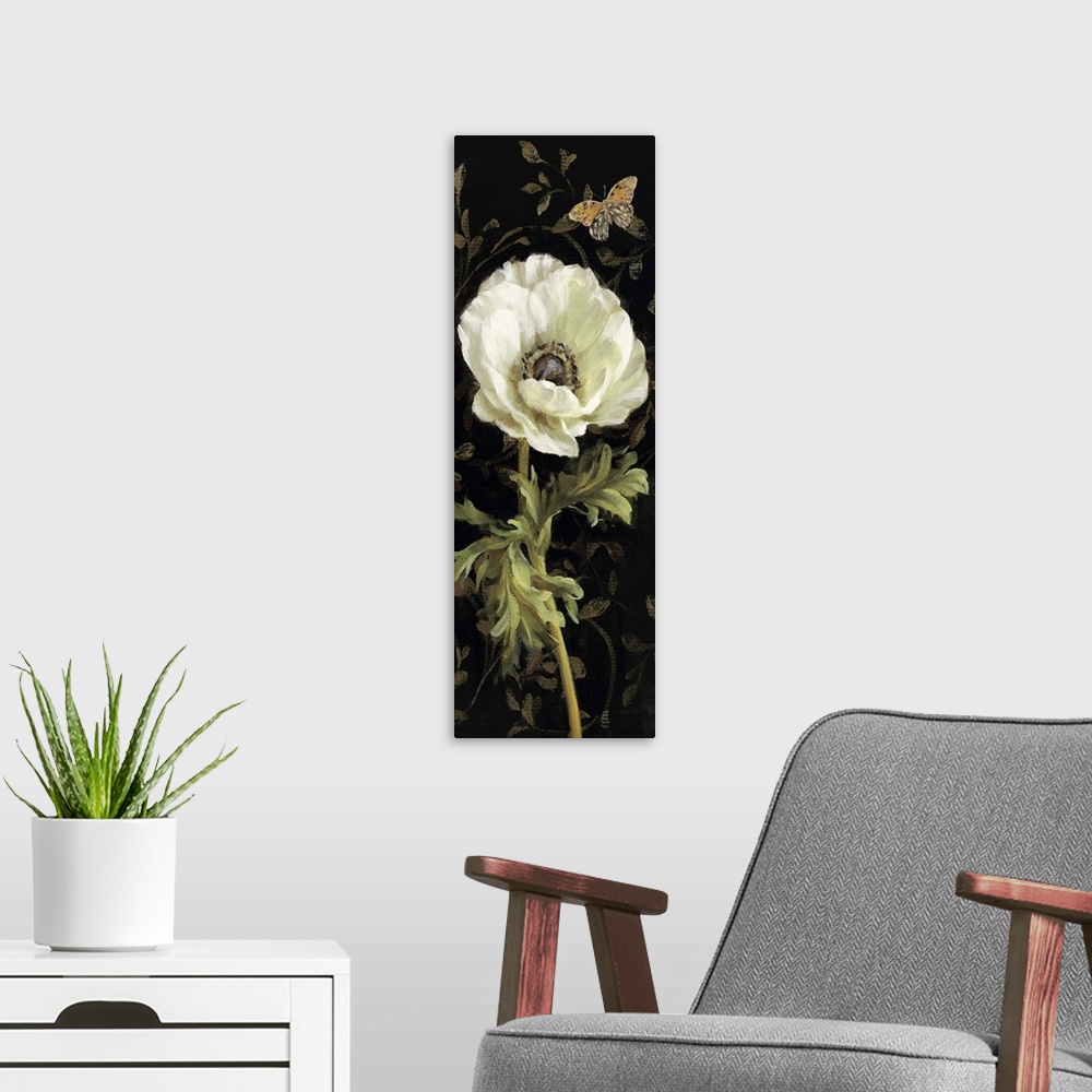 A modern room featuring Contemporary painting of a flower close-up in the frame of the image.