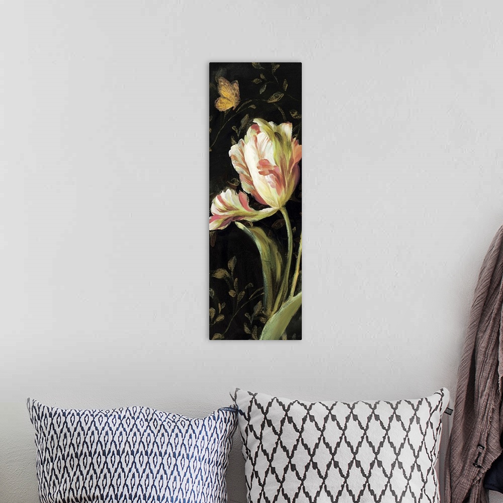 A bohemian room featuring Contemporary painting of a flower close-up in the frame of the image.
