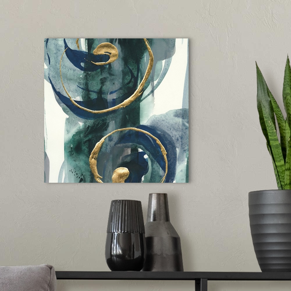 A modern room featuring Large abstract painting with dark teal and blue paint on a white background, and metallic gold sw...
