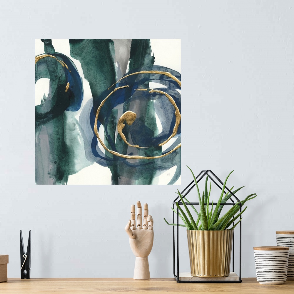 A bohemian room featuring Large abstract painting with dark teal and blue paint on a white background, and metallic gold sw...