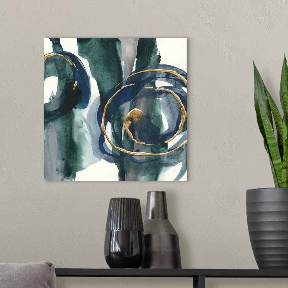 A modern room featuring Large abstract painting with dark teal and blue paint on a white background, and metallic gold sw...