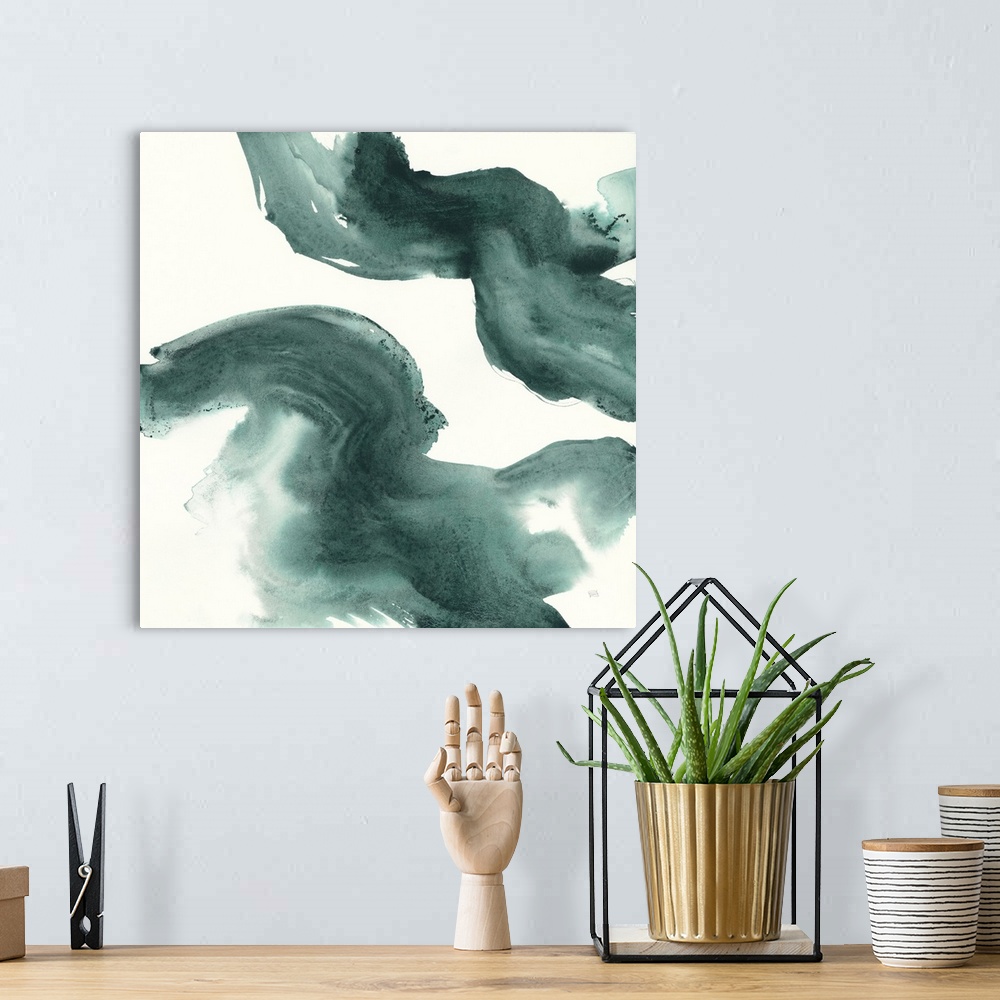 A bohemian room featuring Square watercolor abstract with dark teal on a white background.