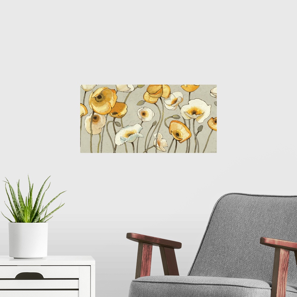 A modern room featuring Panoramic contemporary art displays a set of poppy flowers and buds sitting in front of a bare ba...