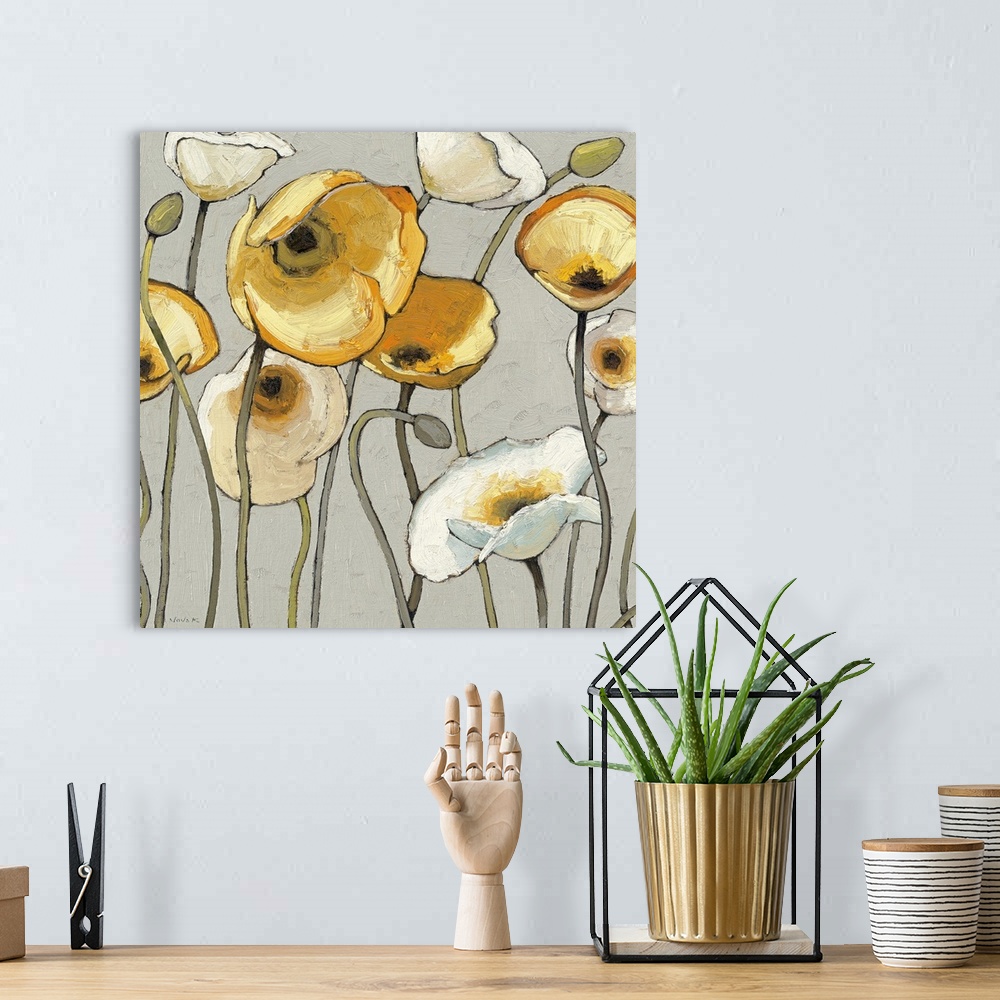 A bohemian room featuring Oversized, square contemporary painting of a group of poppies in light and golden colors, extendi...