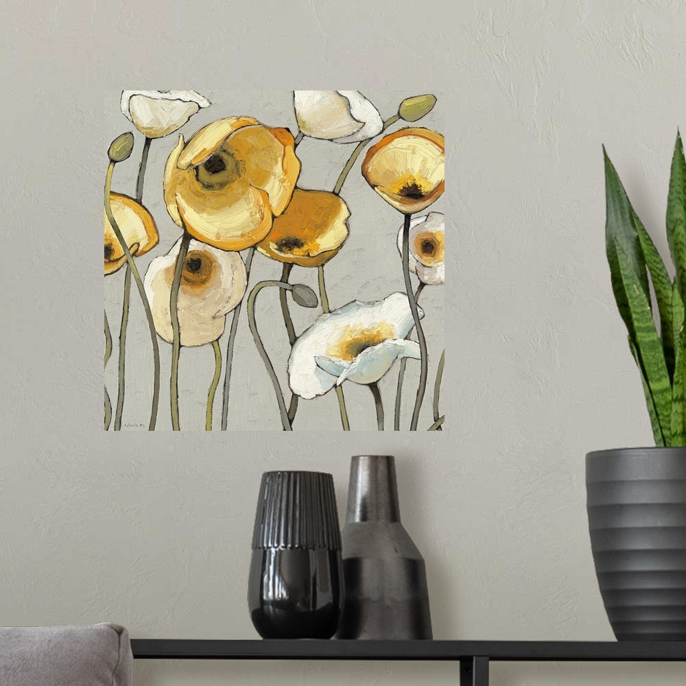 A modern room featuring Oversized, square contemporary painting of a group of poppies in light and golden colors, extendi...