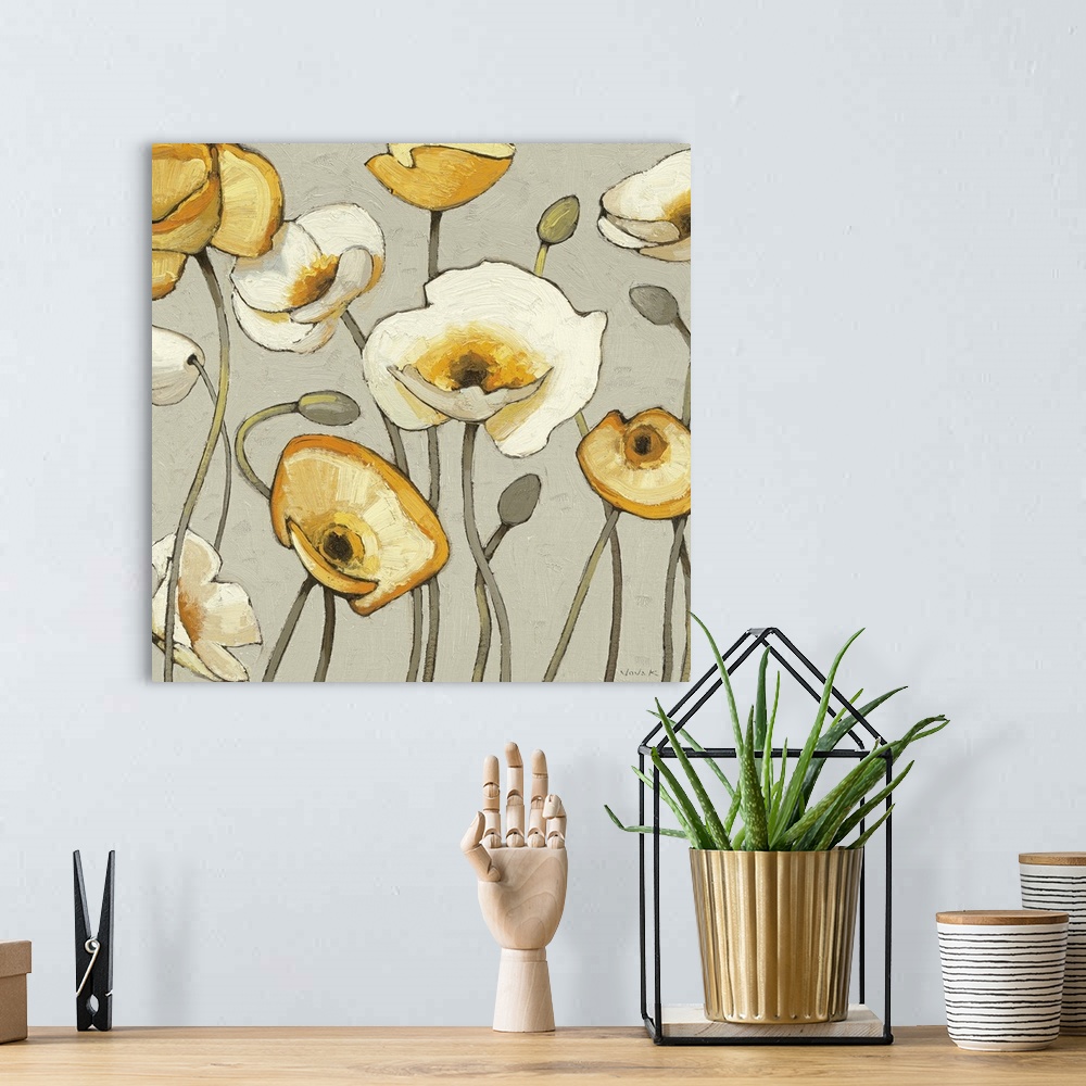 A bohemian room featuring Up-close painting of bright flower blossoms and buds.