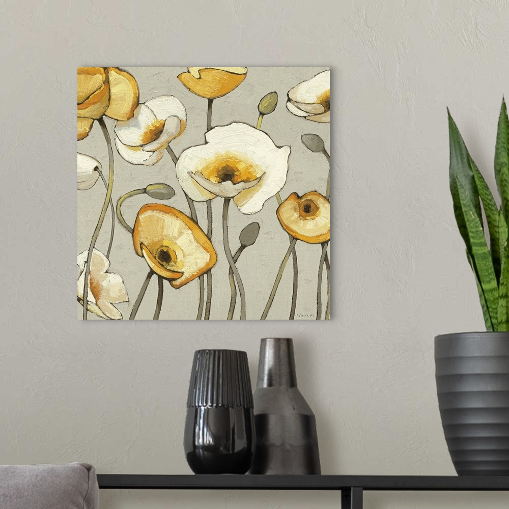 A modern room featuring Up-close painting of bright flower blossoms and buds.