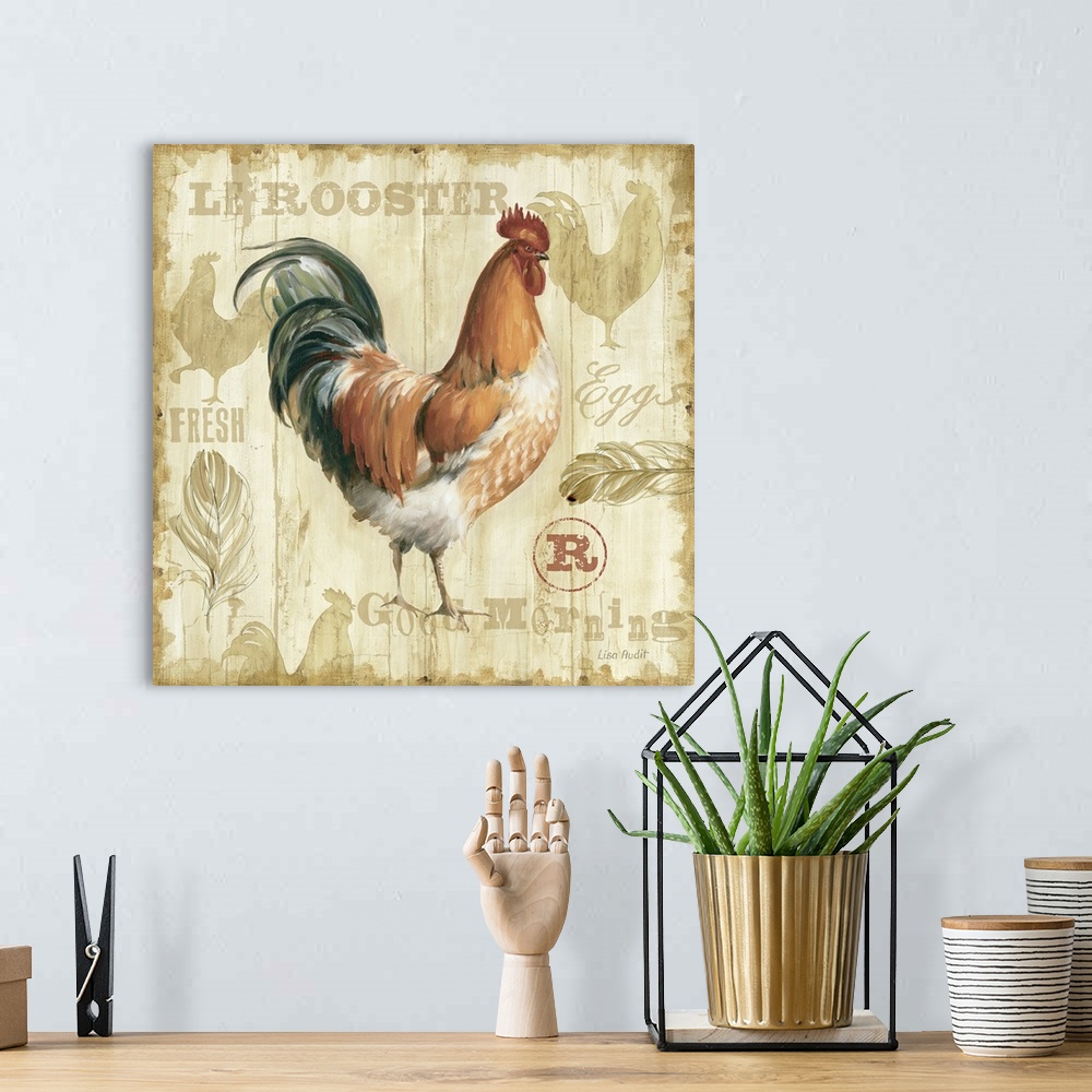 A bohemian room featuring Square, large home art docor of a painted rooster on a light, wood slatted background with slight...