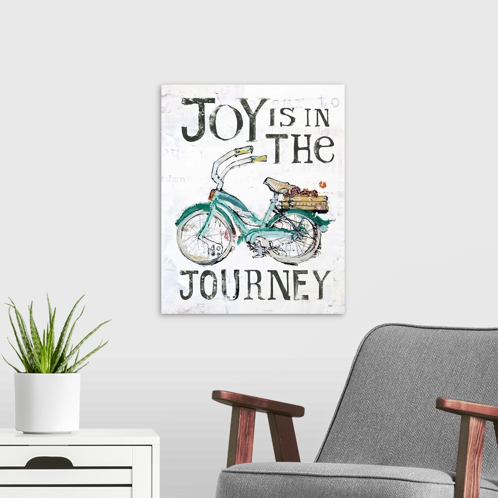 A modern room featuring "Joy is in the Journey" with a green bicycle, created with mixed media