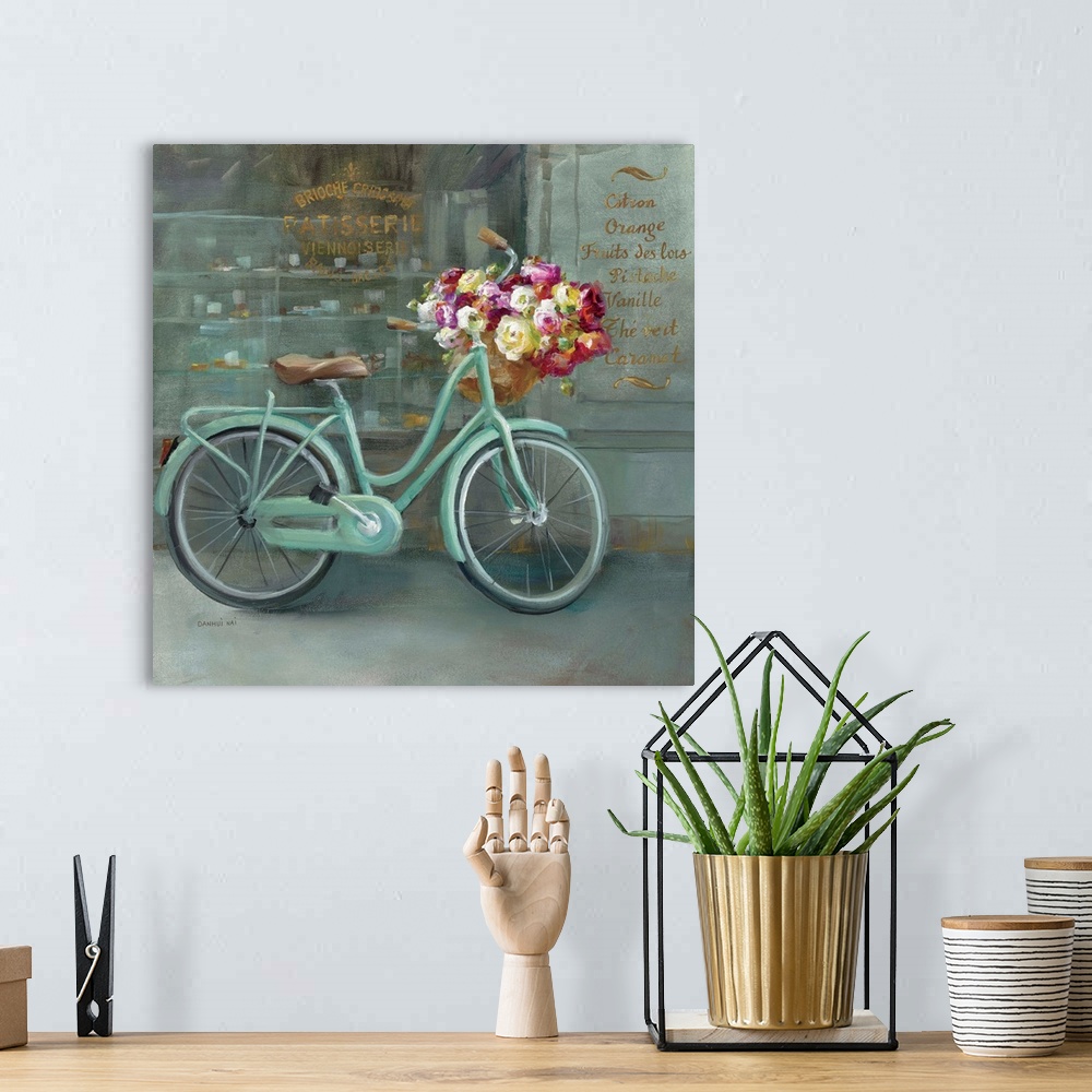 A bohemian room featuring Contemporary artwork of a bicycle with flowers in the handlebar basket.