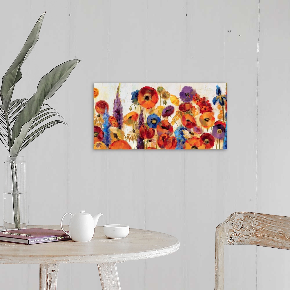 A farmhouse room featuring A large canvas still life of a variety of vividly colored flowers for home art docor.