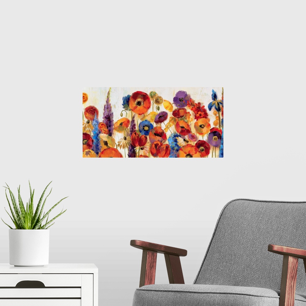 A modern room featuring A large canvas still life of a variety of vividly colored flowers for home art docor.