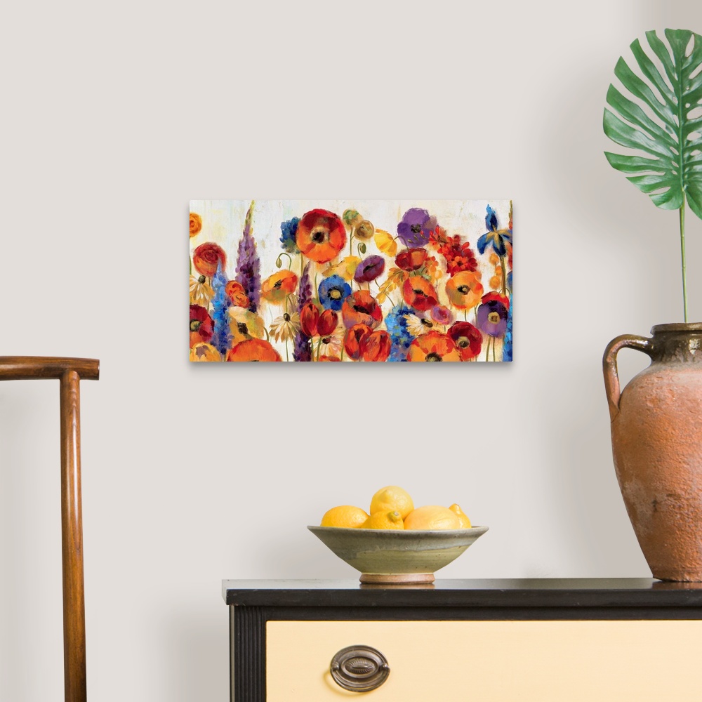 A traditional room featuring A large canvas still life of a variety of vividly colored flowers for home art docor.