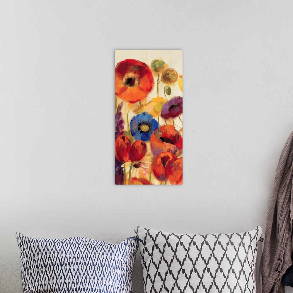 A bohemian room featuring Vertical panoramic painting of colorful meadow of flowers.