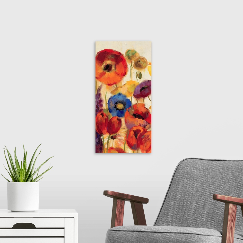 A modern room featuring Vertical panoramic painting of colorful meadow of flowers.