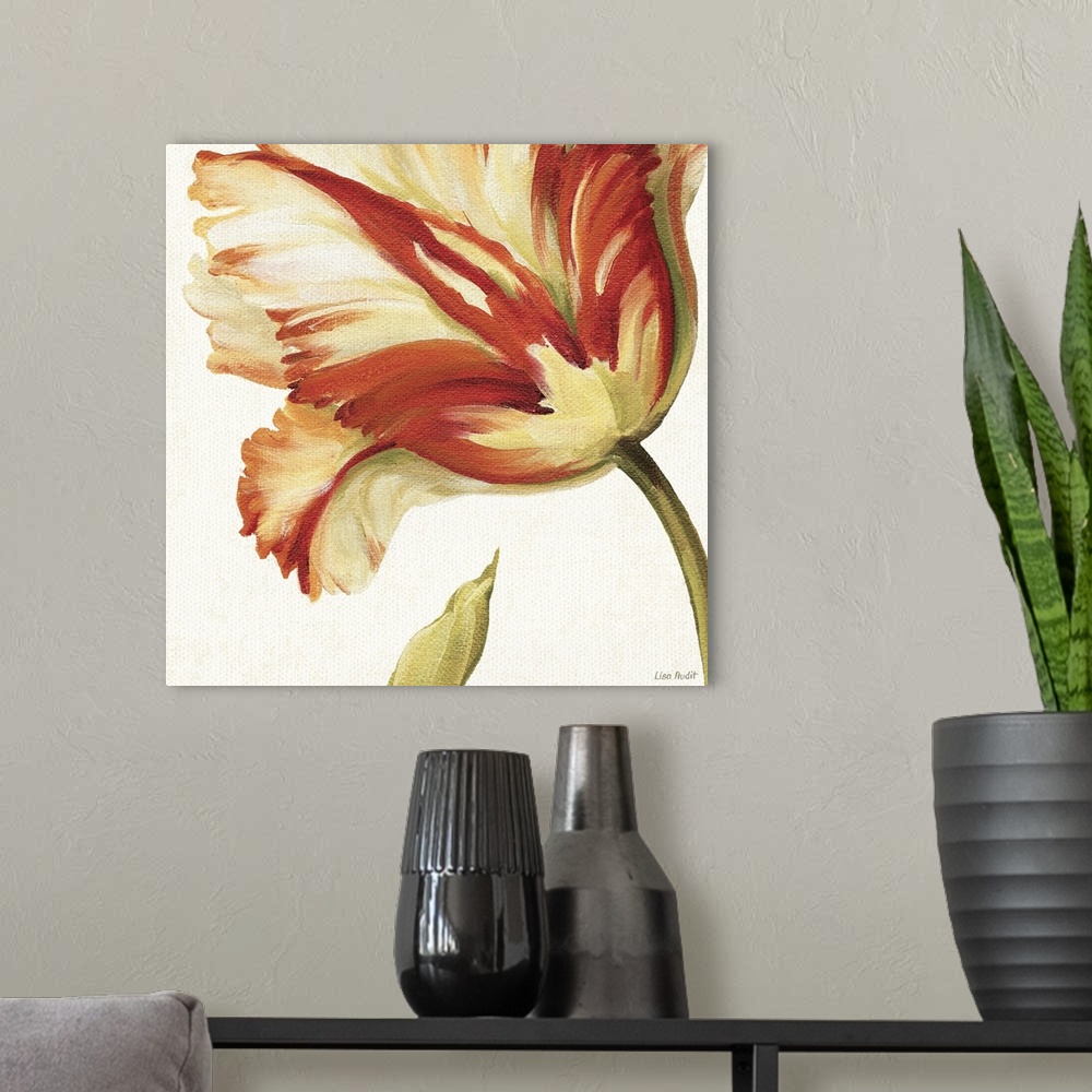 A modern room featuring Decorative artwork perfect for the home of a largely painted warm toned flower.