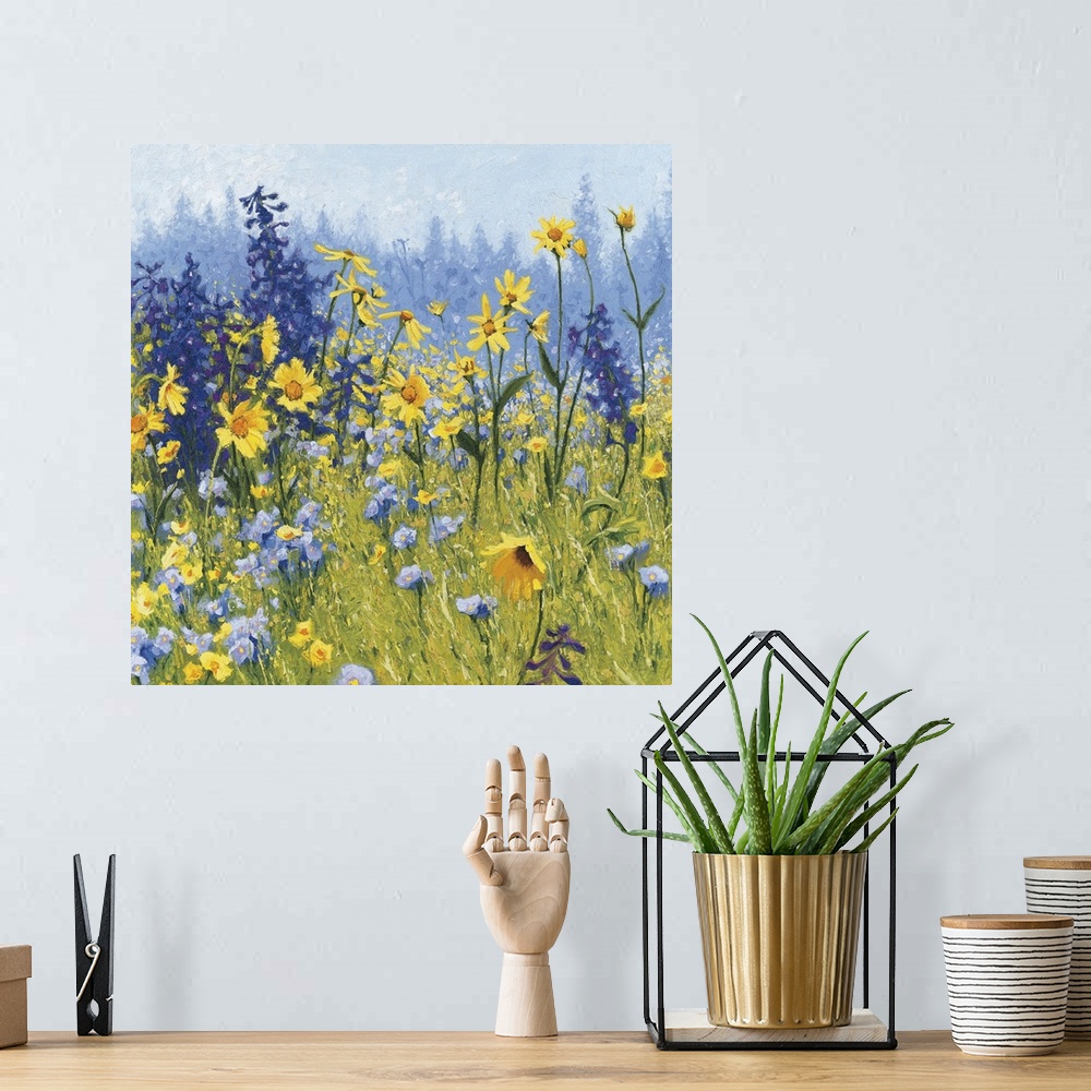 A bohemian room featuring Contemporary painting of a field of wildflowers with blue, green, purple, and yellow hues.