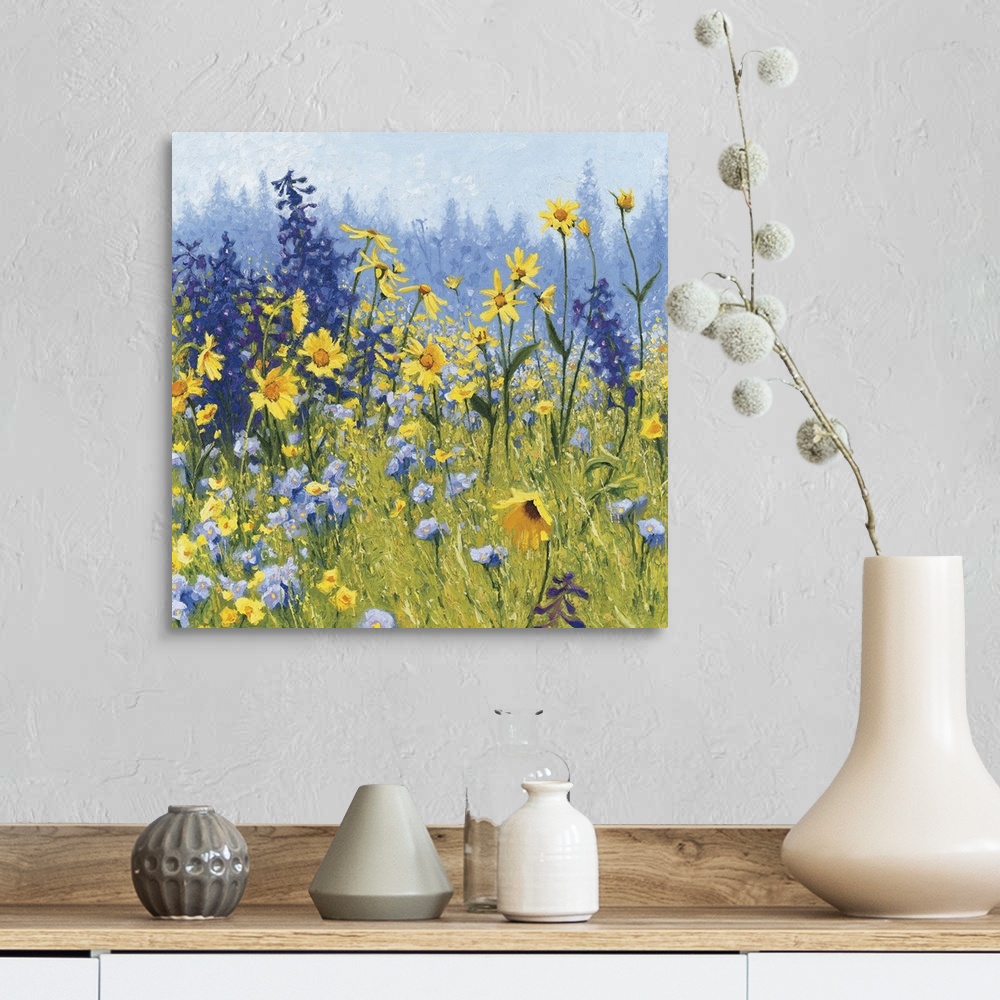 A farmhouse room featuring Contemporary painting of a field of wildflowers with blue, green, purple, and yellow hues.