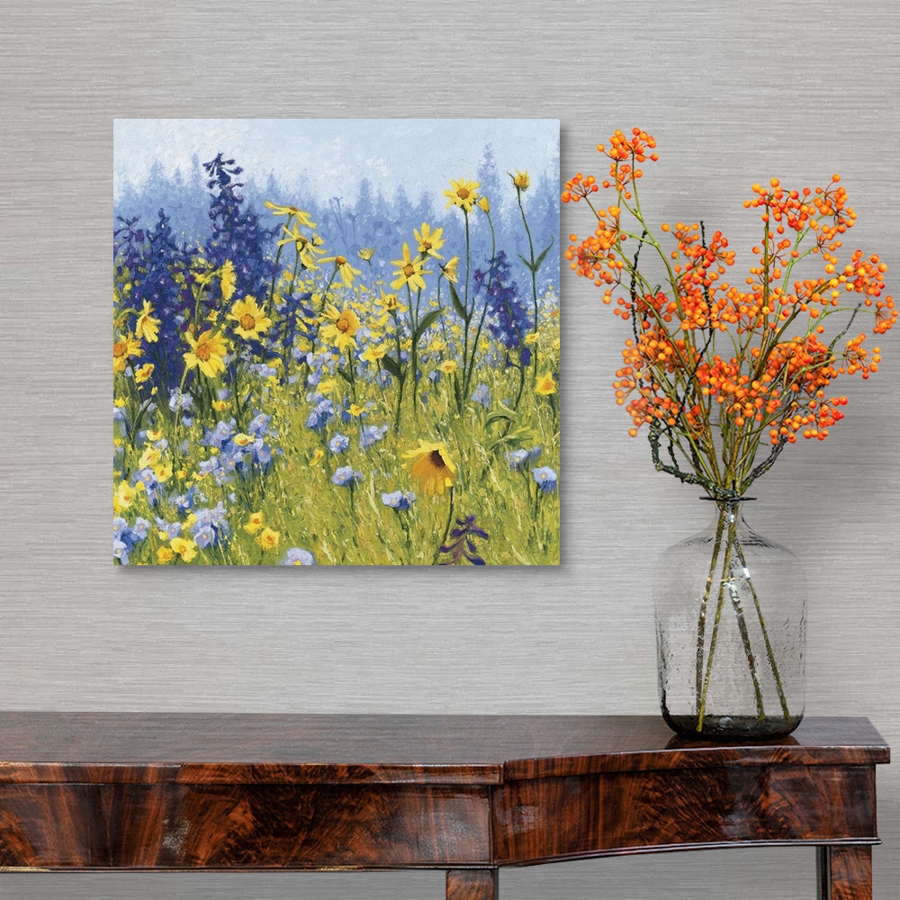 A traditional room featuring Contemporary painting of a field of wildflowers with blue, green, purple, and yellow hues.