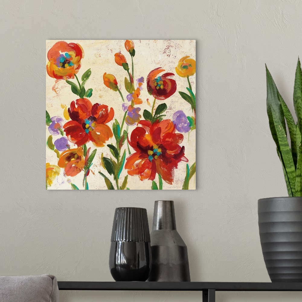 A modern room featuring Square contemporary painting of colorful red and orange flowers on a beige and cream colored back...