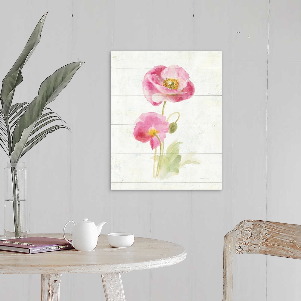 A farmhouse room featuring Contemporary artwork of a pink blooming poppy on a cream colored wood background.
