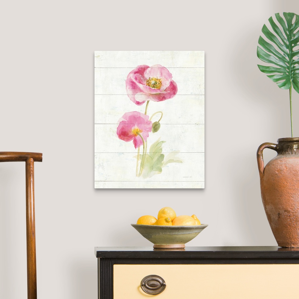 A traditional room featuring Contemporary artwork of a pink blooming poppy on a cream colored wood background.