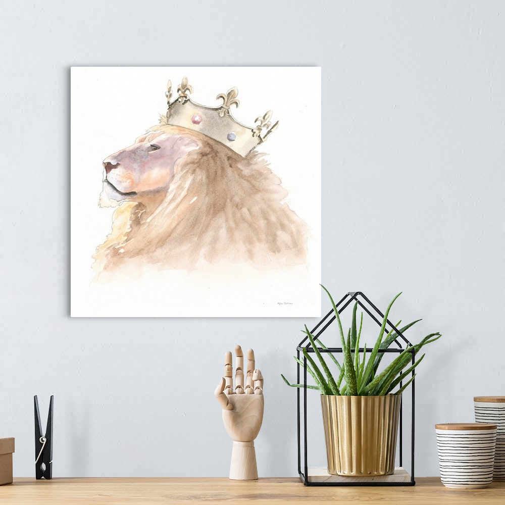 A bohemian room featuring Square watercolor painting of a lion wearing a crown.