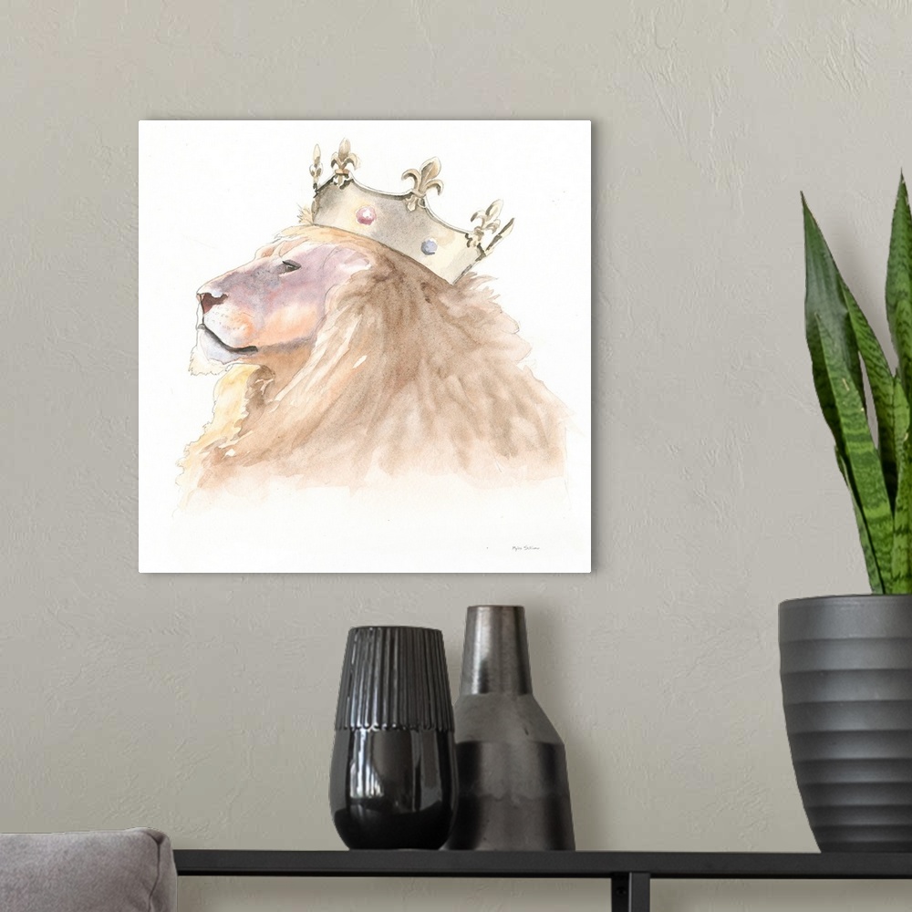 A modern room featuring Square watercolor painting of a lion wearing a crown.