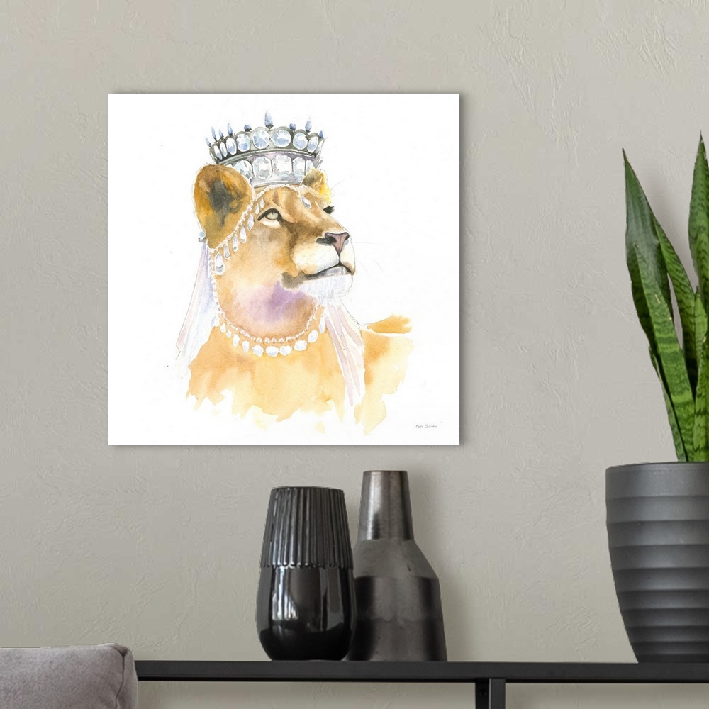 A modern room featuring Square watercolor painting of a lioness wearing a crown and jewels.
