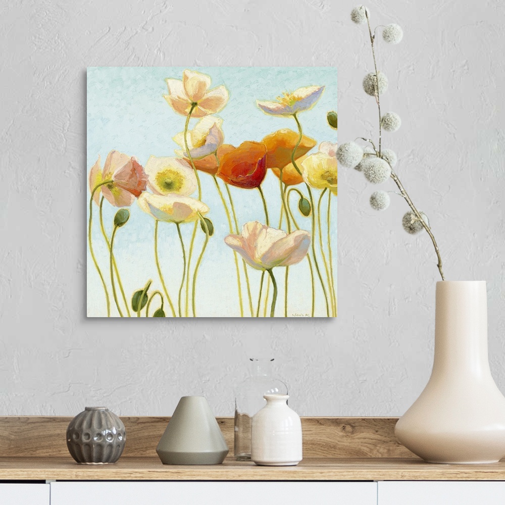 A farmhouse room featuring Painting of several flowers in different colors, some in bloom, with a few buds, against a pale b...