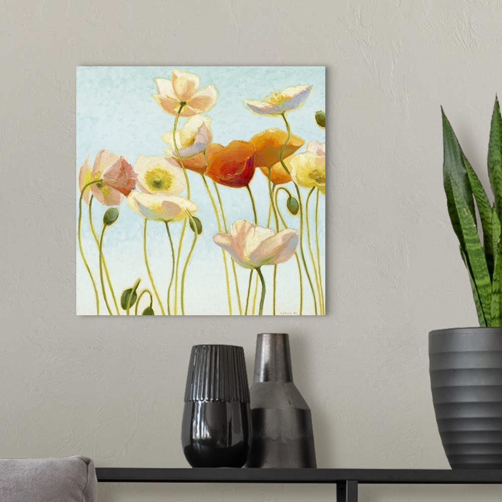 A modern room featuring Painting of several flowers in different colors, some in bloom, with a few buds, against a pale b...