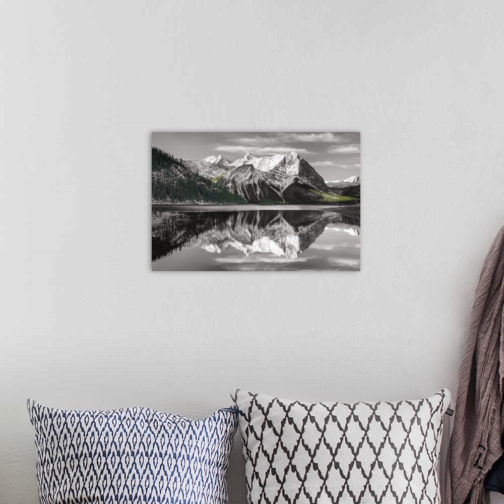 A bohemian room featuring Photograph of a sunrise at Emerald Lake, Yoho National Park British Columbia in black and white w...