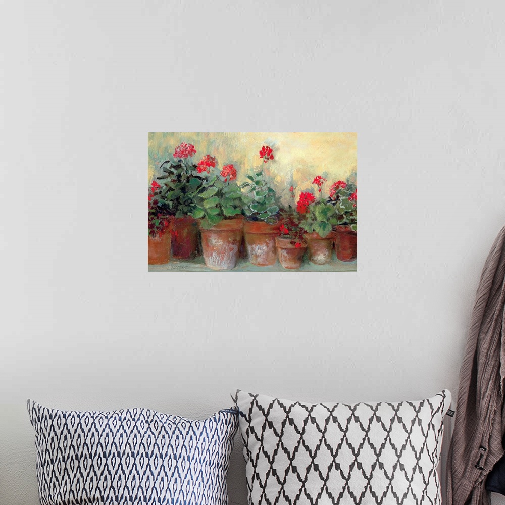 A bohemian room featuring Painting of a row of flower pots varying in size.  Each flower pot contains bold colored flowers ...