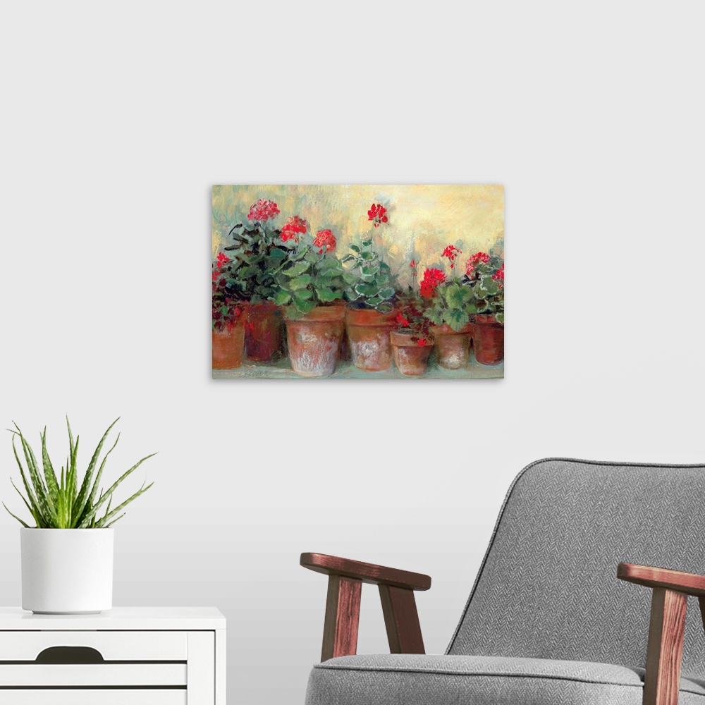 A modern room featuring Painting of a row of flower pots varying in size.  Each flower pot contains bold colored flowers ...