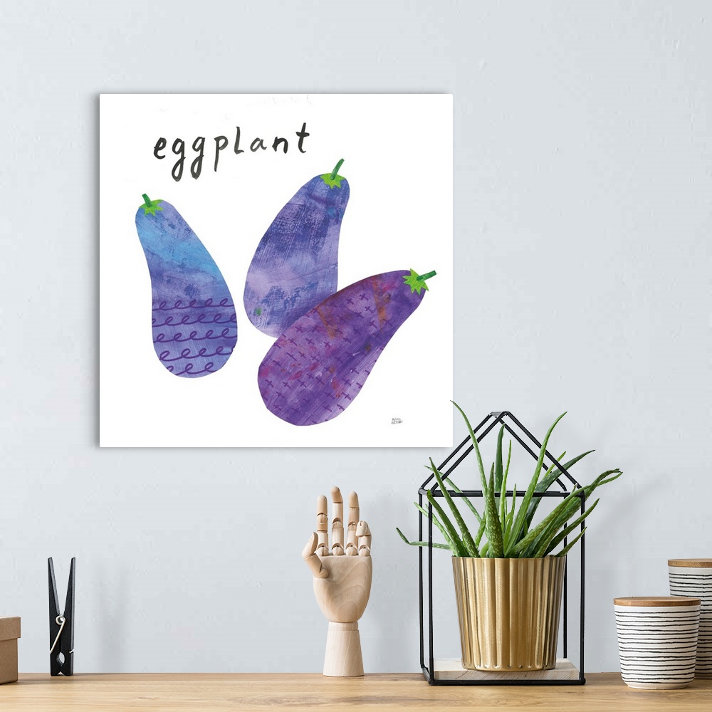 A bohemian room featuring Square contemporary design of eggplants with a collage style quality.