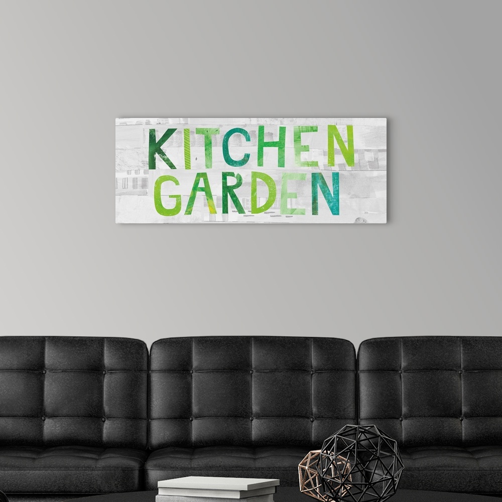 A modern room featuring "Kitchen Garden" in various green tones on a gray wood plank backdrop.