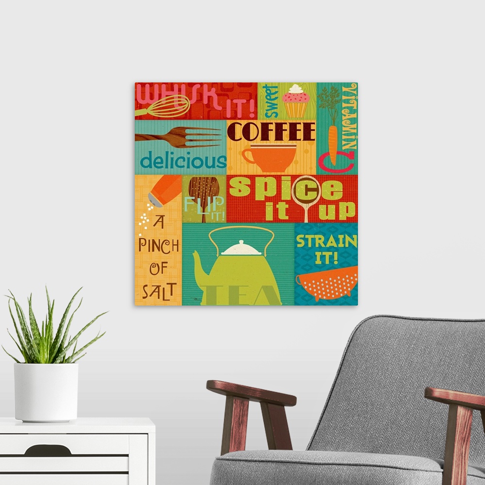 A modern room featuring Giant canvas art incorporates a number of illustrations and text in relation to cooking, baking, ...