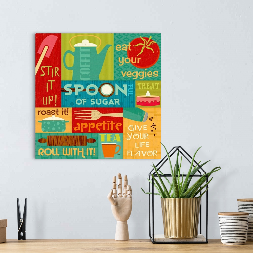 A bohemian room featuring Fun graphic collage of cooking and baking elements and text including a kettle, pepper mill, and ...