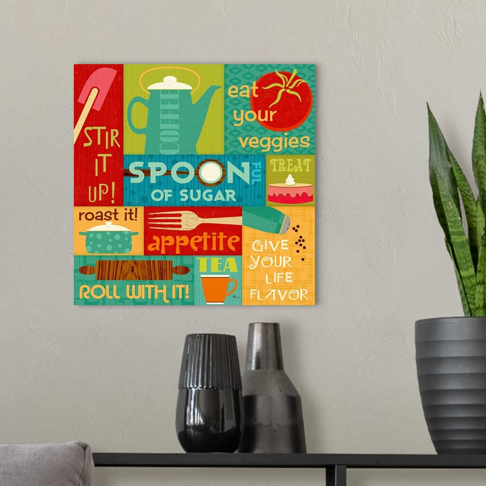 A modern room featuring Fun graphic collage of cooking and baking elements and text including a kettle, pepper mill, and ...