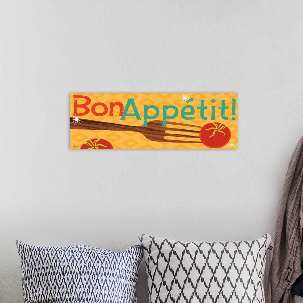 A bohemian room featuring Artwork perfect for the kitchen of a large wooden spoon that has a tomato on the end of it and th...