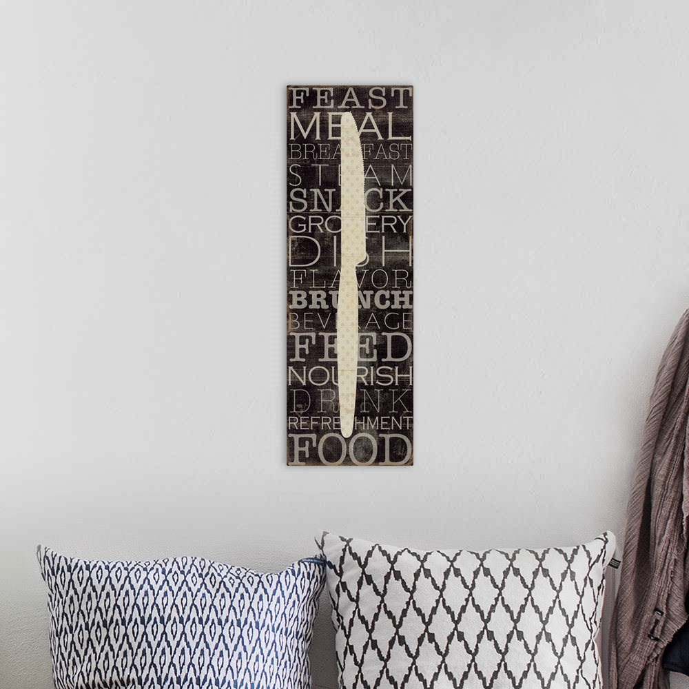 A bohemian room featuring Vertical panoramic artwork of a butter knife silhouette with text in the background.  Some of the...