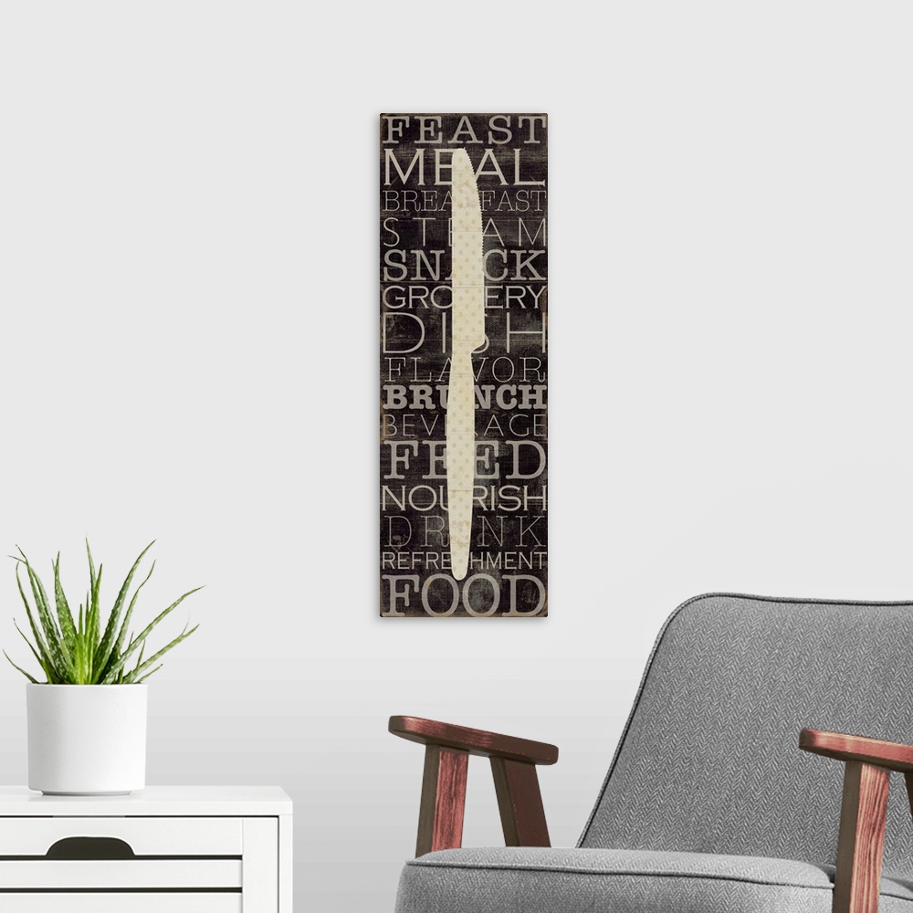 A modern room featuring Vertical panoramic artwork of a butter knife silhouette with text in the background.  Some of the...