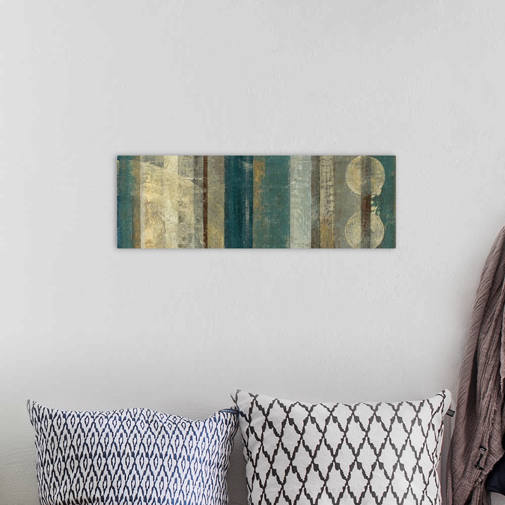 A bohemian room featuring This decorative accent for the home or office is a panoramic shaped painting created with stripes...