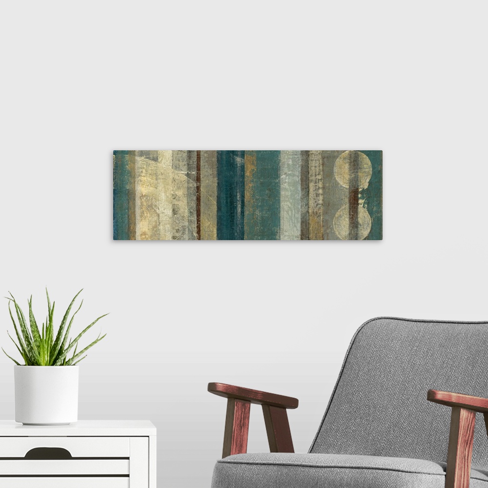 A modern room featuring This decorative accent for the home or office is a panoramic shaped painting created with stripes...