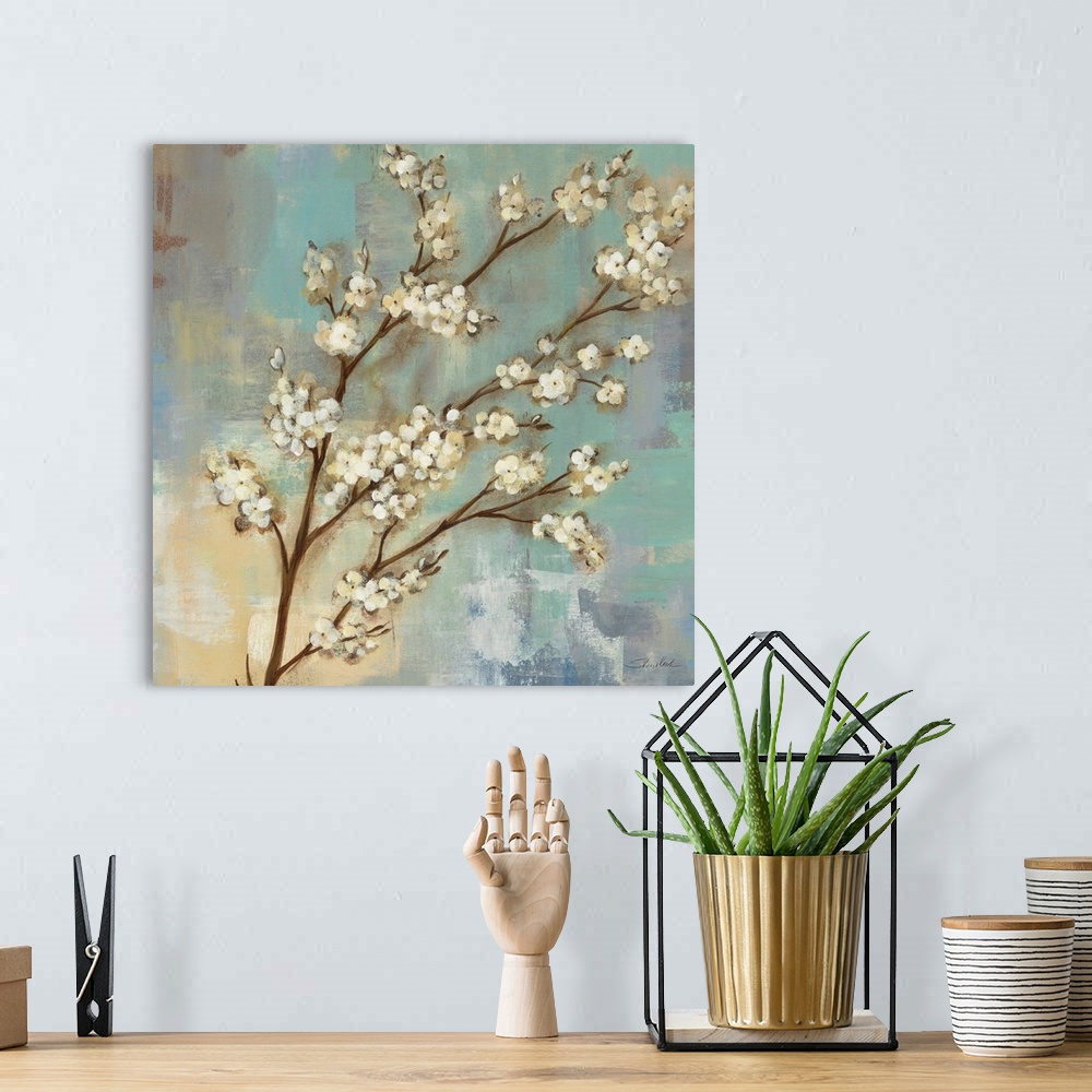 A bohemian room featuring Contemporary painting of a branch of Kyoto blossoms on a cool textured background.