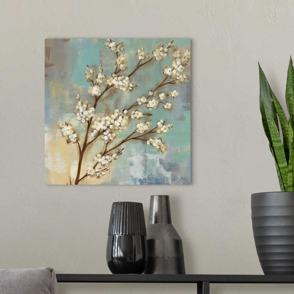 A modern room featuring Contemporary painting of a branch of Kyoto blossoms on a cool textured background.