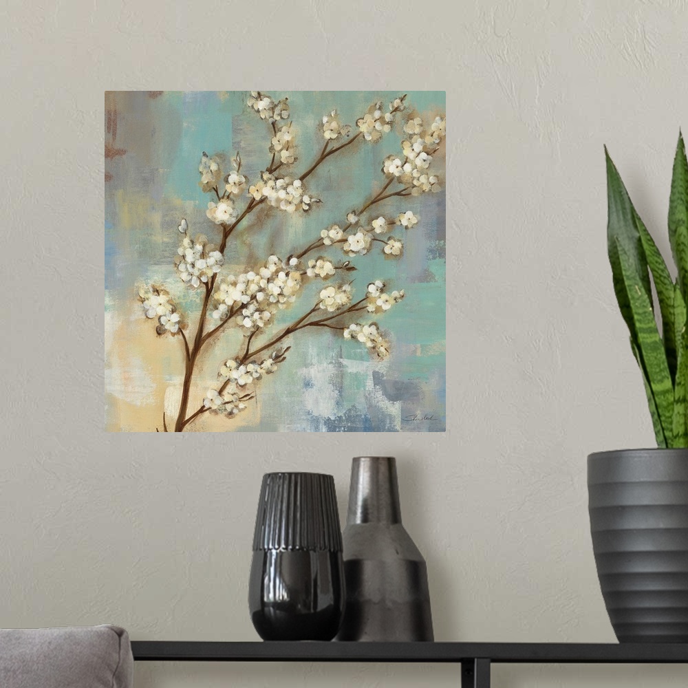 A modern room featuring Contemporary painting of a branch of Kyoto blossoms on a cool textured background.