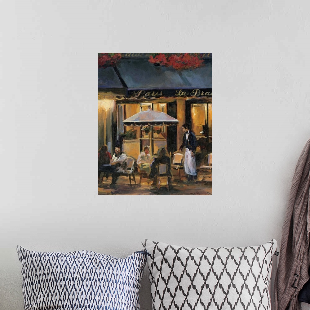 A bohemian room featuring Painting of street cafo with people sitting outside at tables at night with waiter attending to t...
