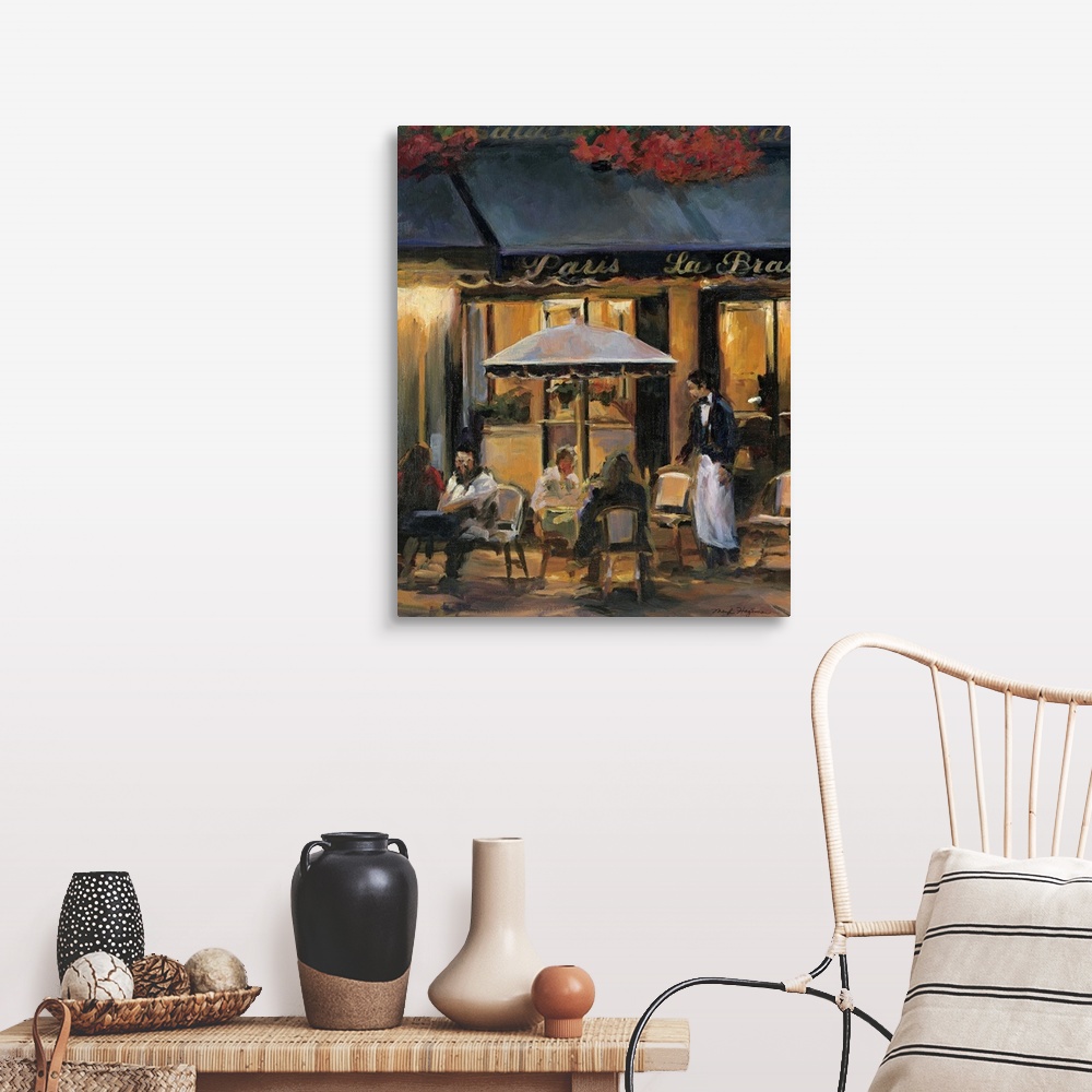 A farmhouse room featuring Painting of street cafo with people sitting outside at tables at night with waiter attending to t...