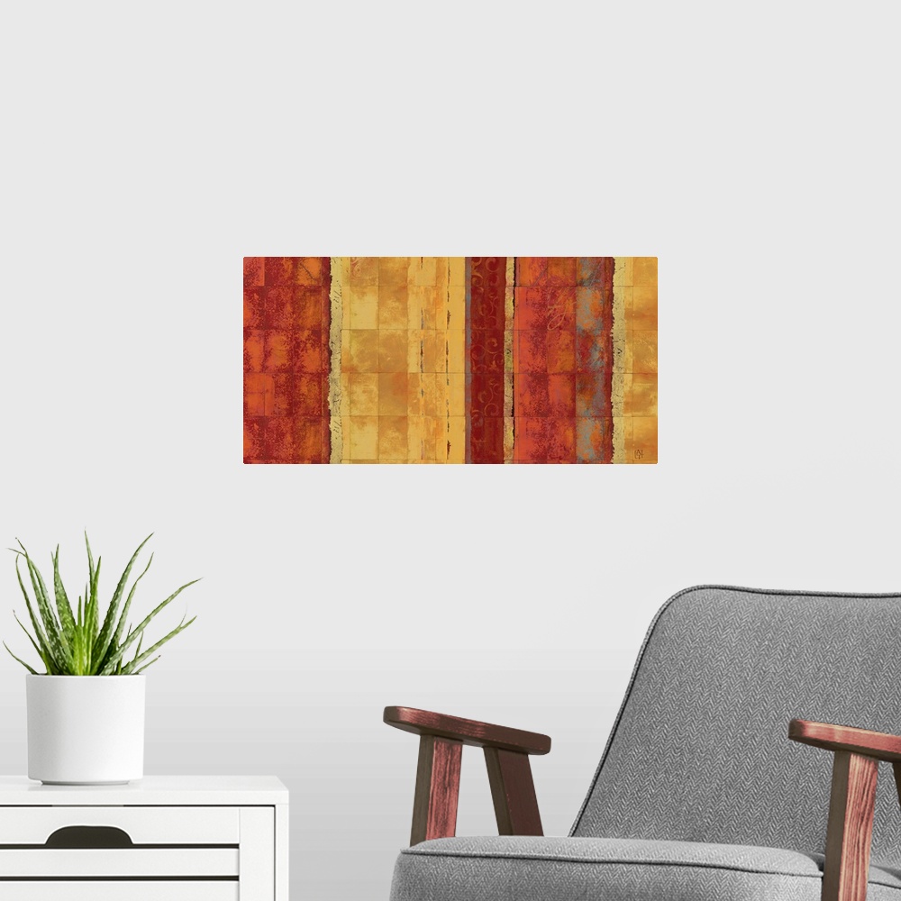 A modern room featuring Giant abstract art composed of evenly sized rectangles covering the entire surface of this piece....